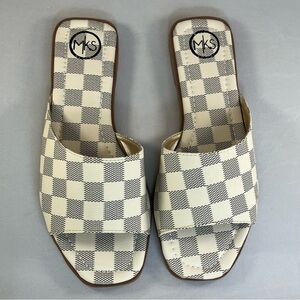 NWOB MKS Cream/Black Checkered Square Toe Flat Slide Sandals Size 38 / US 8